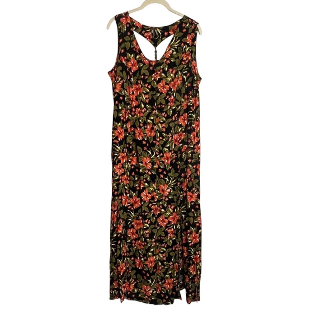 Erika Vintage 90s Tropical Floral Maxi Dress Tie Back Rayon Large Button Front